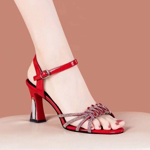 Buckle Closure Braided Rhinestone Open-Toe Women High Heels Red image