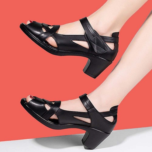Retro Style Fish Mouth Velcro Square Women Heels Sandals Black image