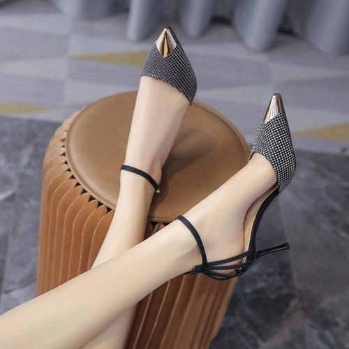 Pointed Toe Diamond Stiletto Metal Anti-Kick Women High Heels Black image