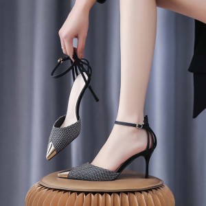 Pointed Toe Diamond Stiletto Metal Anti-Kick Women High Heels Black