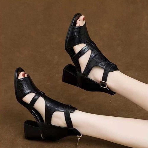 Zipper Closure Leather Hollow Square Women High Heels Black image