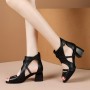 Zipper Closure Leather Hollow Square Women High Heels Black