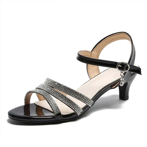 Round Head Buckle Closure Stripes Women High Heel Sandals - Black image