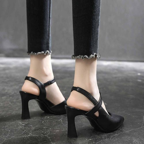 Ankle Strap Pointed Toe Soft Women High Heels Black image