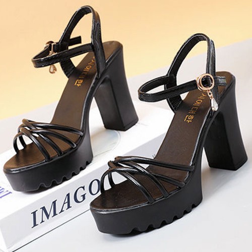 Peep Toe Platform Hollow Ankle Straps High Heel Sandals - Black image