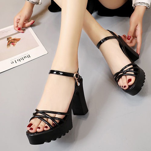 Peep Toe Platform Hollow Ankle Straps High Heel Sandals - Black image