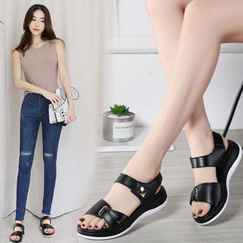Velcro Closure Open Toe Flat Sandals for Women in Black image
