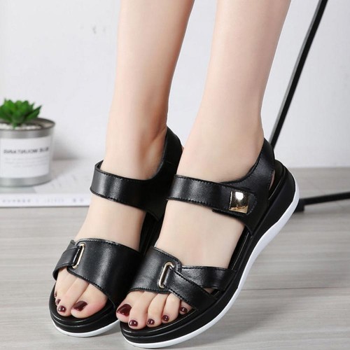 Velcro Closure Open Toe Flat Sandals for Women in Black image