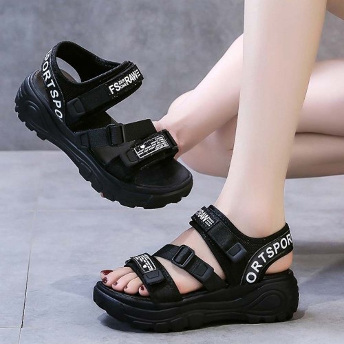 Strappy Velcro Thick Soled Open Toe Women Sandals - Black image