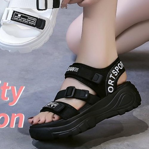 Strappy Velcro Thick Soled Open Toe Women Sandals - Black image