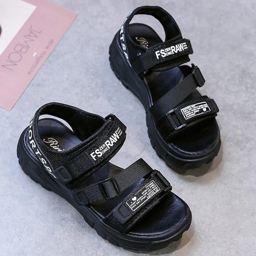 Strappy Velcro Thick Soled Open Toe Women Sandals - Black image