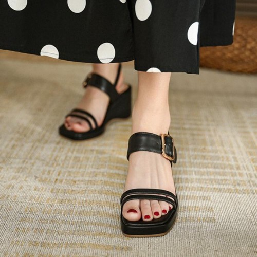 Thick Soled Strapped Square Toe Wedge Women Sandals Black image