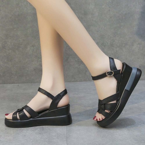 Multi Strapped Buckle Closure Women Wedge Sandals Black image