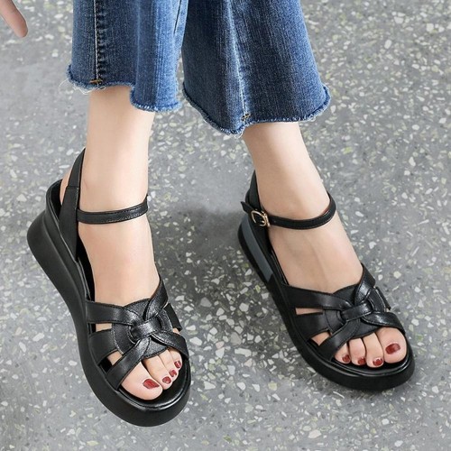 Multi Strapped Buckle Closure Women Wedge Sandals Black image