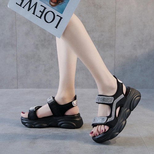 Rhinestone Muffin Open Toe Velcro Wedge Sporty Sandals - Black image