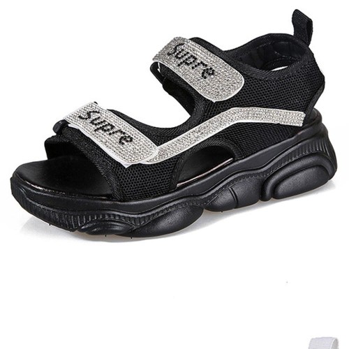 Rhinestone Muffin Open Toe Velcro Wedge Sporty Sandals - Black image