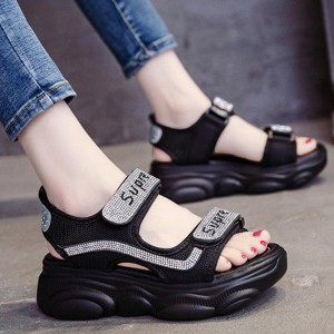 Rhinestone Muffin Open Toe Velcro Wedge Sporty Sandals - Black