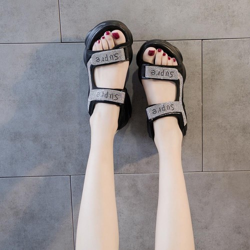 Rhinestone Muffin Open Toe Velcro Wedge Sporty Sandals - Black image