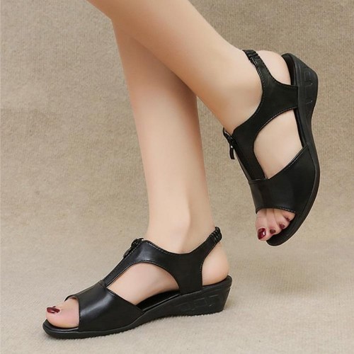 Casual Style Thick Soled Hollow Peep Toe Zipper Wedge Sandals Black image