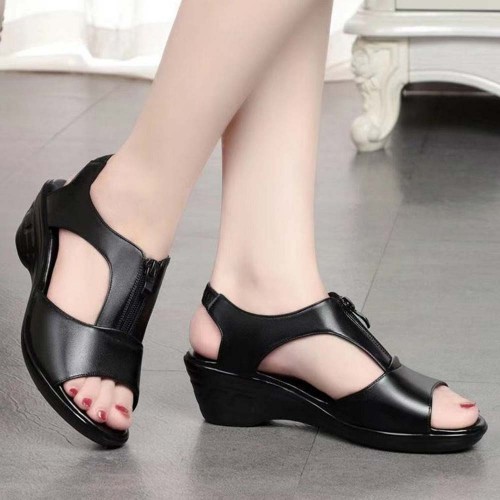 Casual Style Thick Soled Hollow Peep Toe Zipper Wedge Sandals Black image