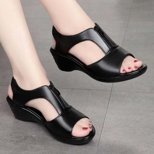 Casual Style Thick Soled Hollow Peep Toe Zipper Wedge Sandals Black image