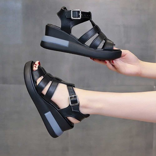 Fish Mouth Strappy Hollow Buckle Closure Wedge Sandals - Black image