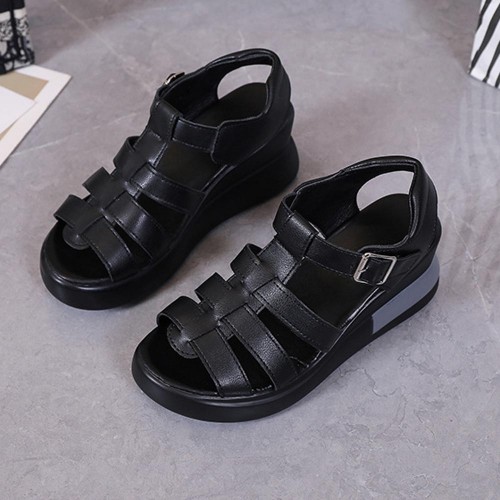 Fish Mouth Strappy Hollow Buckle Closure Wedge Sandals - Black image