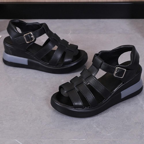 Fish Mouth Strappy Hollow Buckle Closure Wedge Sandals - Black image
