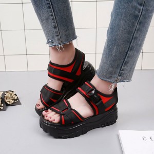 Thick Sole Muffin Round Head Ankle Strap Wedge Sandals - Black
