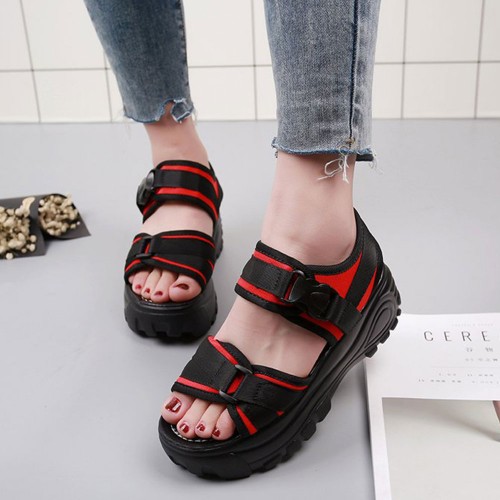 Thick Sole Muffin Round Head Ankle Strap Wedge Sandals - Black image