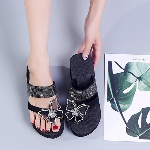 Bohemian Butterfly Hollow Women Wedge Slipper Sandals - Black image