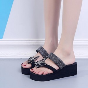 Bohemian Butterfly Hollow Women Wedge Slipper Sandals - Black