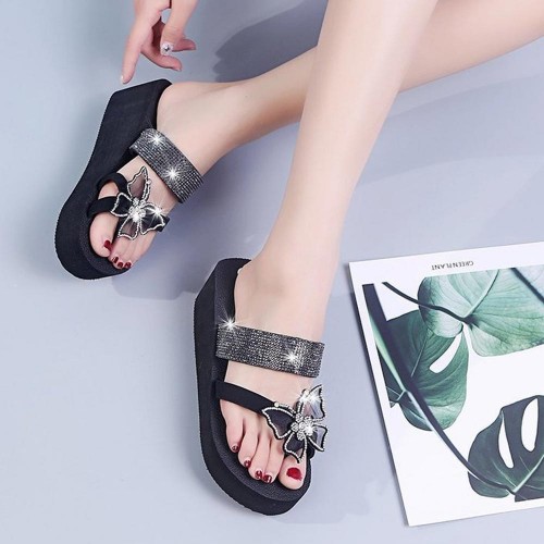 Bohemian Butterfly Hollow Women Wedge Slipper Sandals - Black image