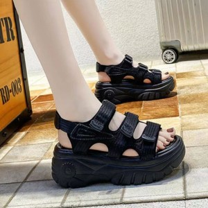 Casual Style Peep Toe Hollow Muffin Velcro High Wedge Sandals - Black