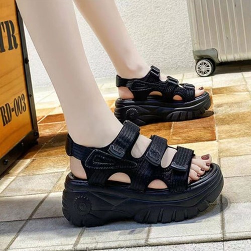 Casual Style Peep Toe Hollow Muffin Velcro High Wedge Sandals - Black image
