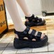 Casual Style Peep Toe Hollow Muffin Velcro High Wedge Sandals - Black image