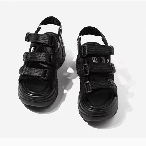 Casual Style Peep Toe Hollow Muffin Velcro High Wedge Sandals - Black image