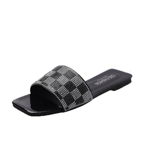 Rhinestone Square Head Checked Flat Heel Flip Flop Slippers - Black image