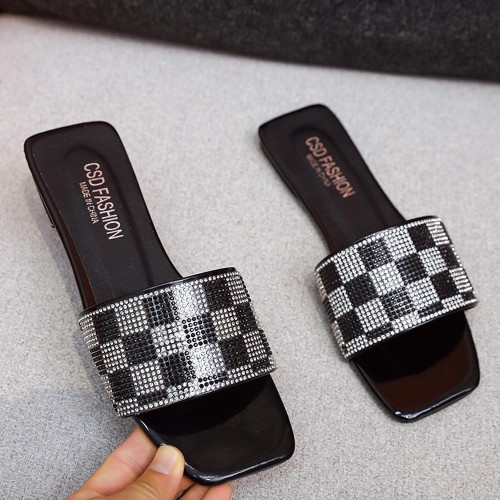 Rhinestone Square Head Checked Flat Heel Flip Flop Slippers - Black image