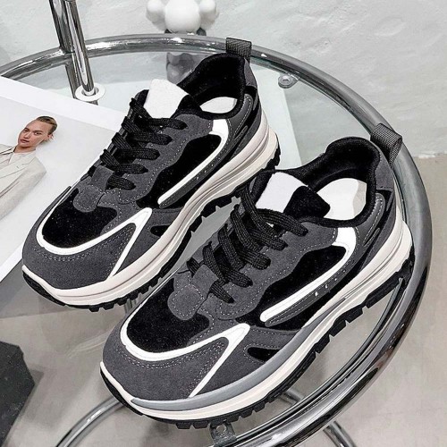 Round Head Laces Up Chunky Heel Women Sneakers Black image