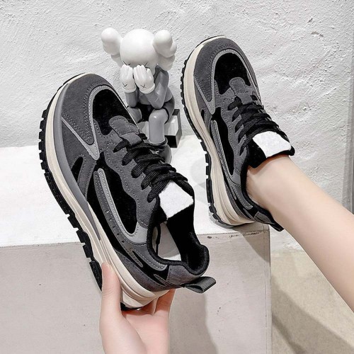 Round Head Laces Up Chunky Heel Women Sneakers Black image