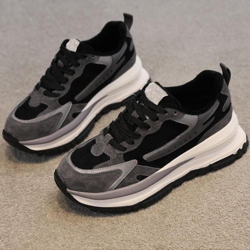 Round Head Laces Up Chunky Heel Women Sneakers Black image