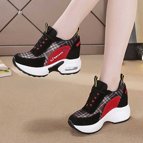 Round Toed Plaid Pattern Lace Up Mesh Sports Sneakers - Black image