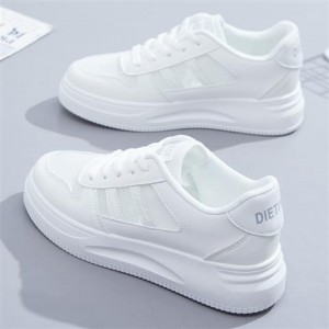 Shallow Mouth Stripe Breathable Laces Up Women Sneakers White