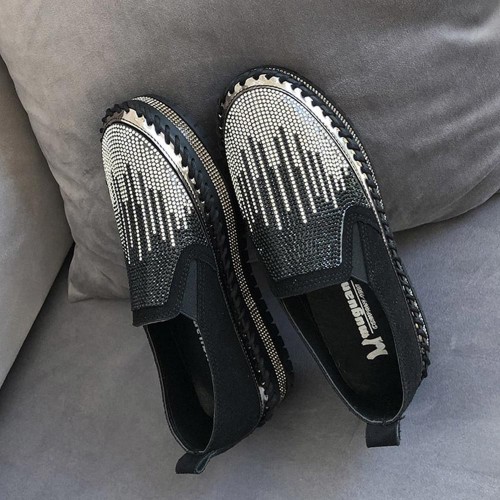 Casual Crystal Decorated Platform Slip On Loafers Flats - Black image