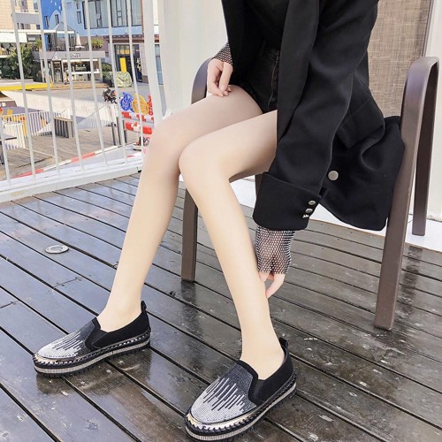 Casual Crystal Decorated Platform Slip On Loafers Flats - Black image