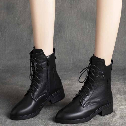 Casual Style High Top Chunky Laces Up Women Boots Black image