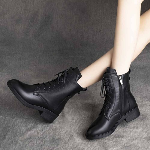 Casual Style High Top Chunky Laces Up Women Boots Black image