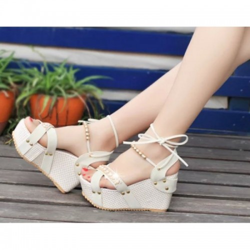 Women Fashion Thick Crust High Wedge Sandals - Cream image