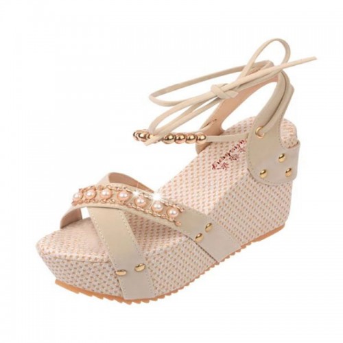 Women Fashion Thick Crust High Wedge Sandals - Cream image
